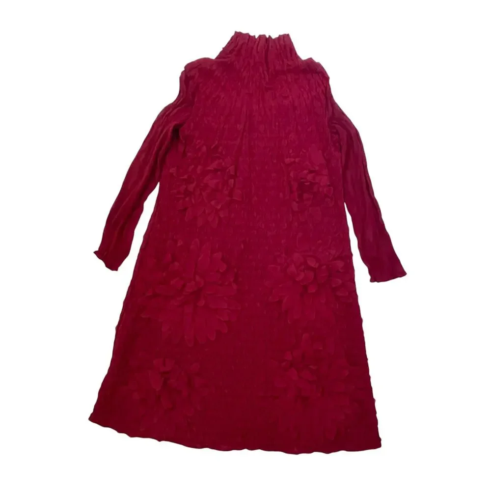 NWT QUEENIA Mock Neck Textured Midi Petal Dress - Red - Long Sleeves - Size L/XL